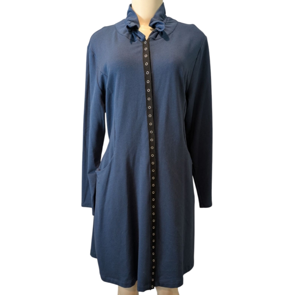 Chalet Blue Jersey Knit Snap Button Front Drawstring Back Longsleeve Dress Small - Picture 7 of 17